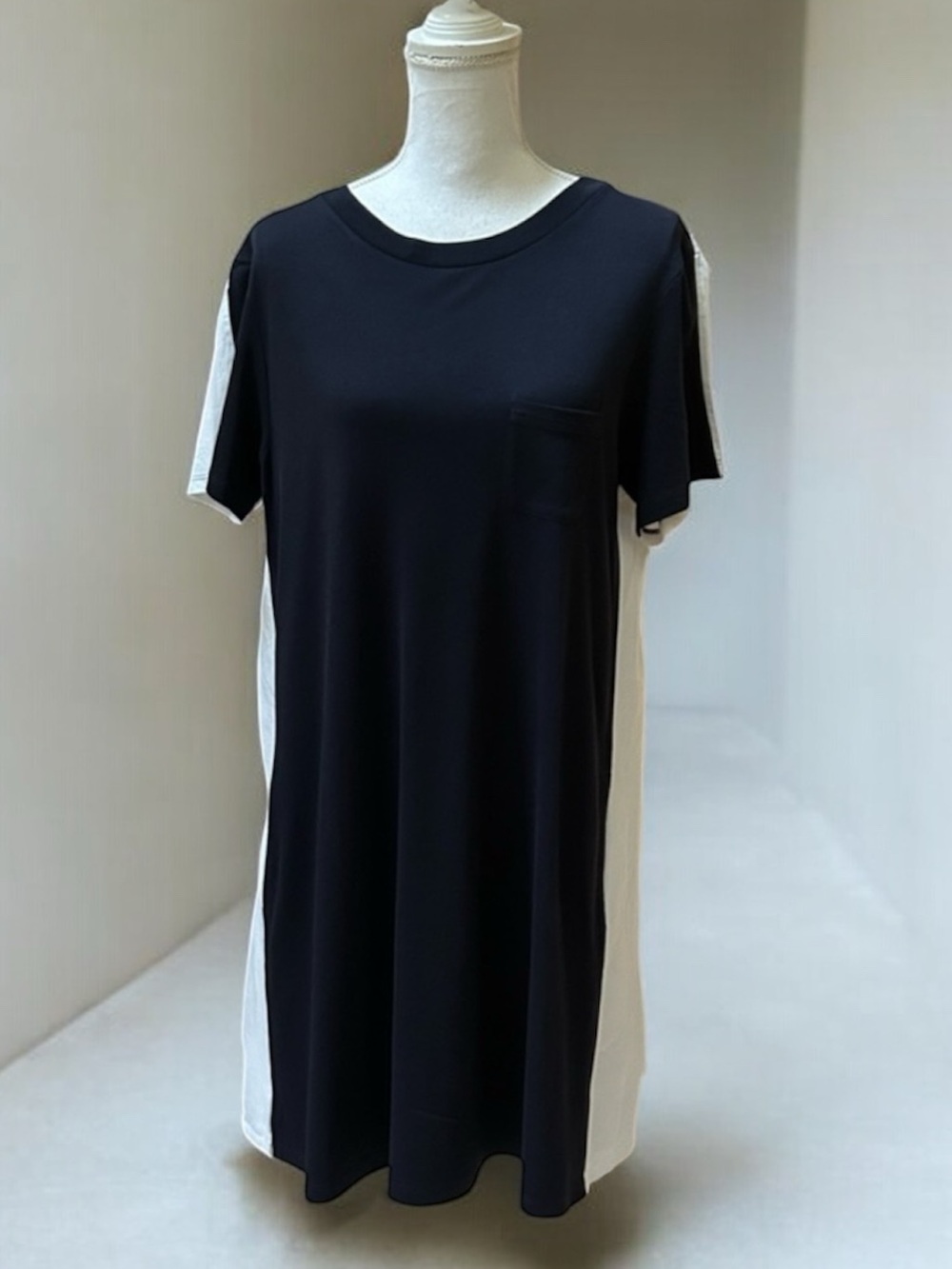 Theory Womens Short Sleeve Crew Neck  Navy White Mixed Media Pima Cotton Dress L